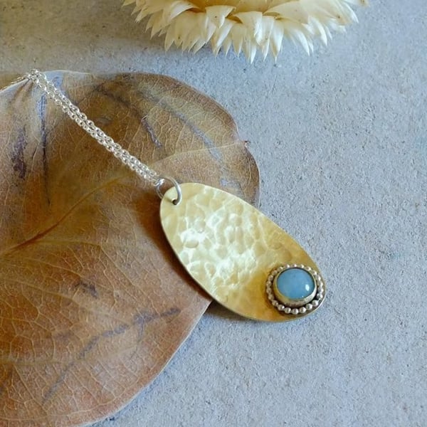 Hammered Brass Pendant Necklace with Aqua Jade; Mixed Metal Everyday Necklace