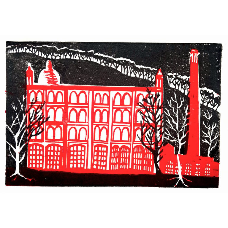 Pear Mill Red, original handmade linocut print of Pear Mill, Stockport, at night