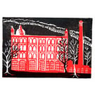 Pear Mill Red, original handmade linocut print of Pear Mill, Stockport, at night