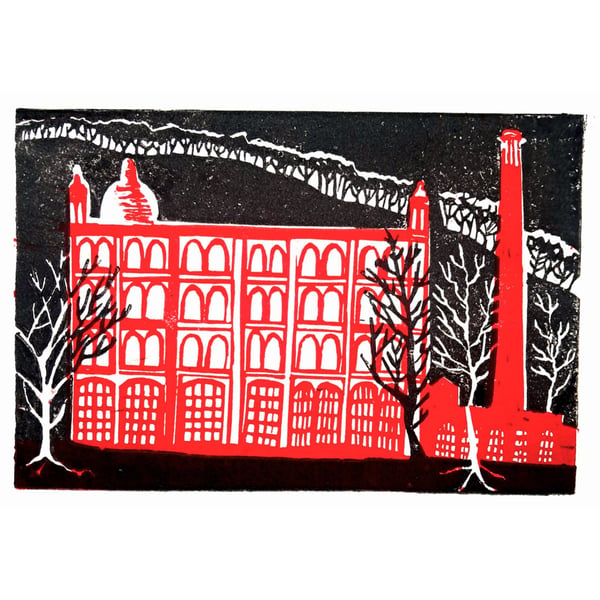 Pear Mill Red, original handmade linocut print of Pear Mill, Stockport, at night