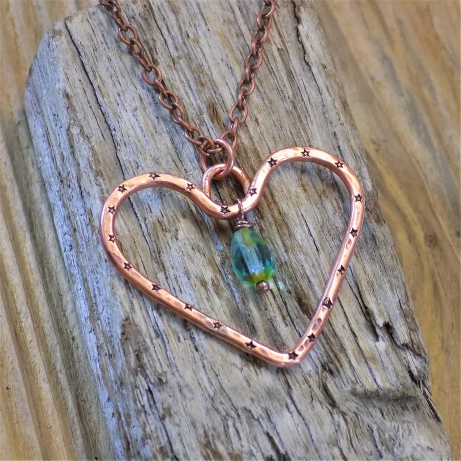 Rustic copper wire heart pendant with czech bead