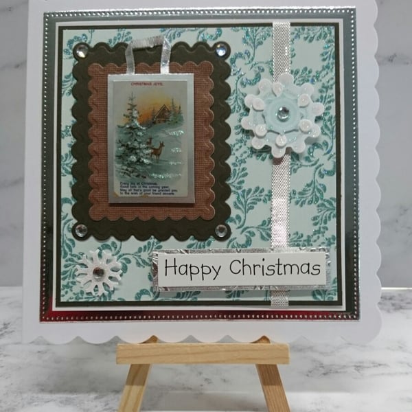 Handmade Happy Christmas Card Elegant Snow Forest Scene Reindeer