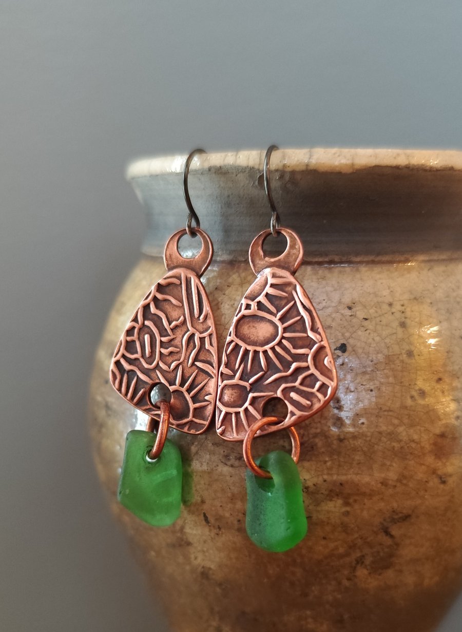Copper and seaglass earrings, unique earrings, recycled material
