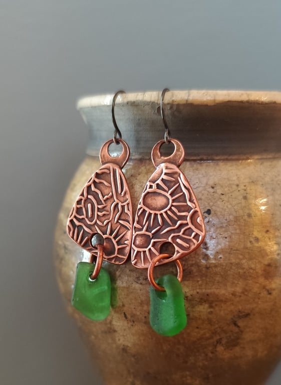 Copper and seaglass earrings, unique earrings, recycled material