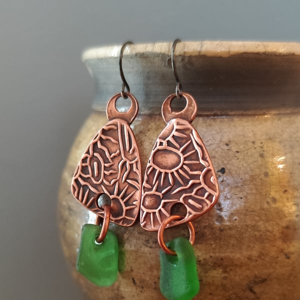 Copper and seaglass earrings, unique earrings, recycled material
