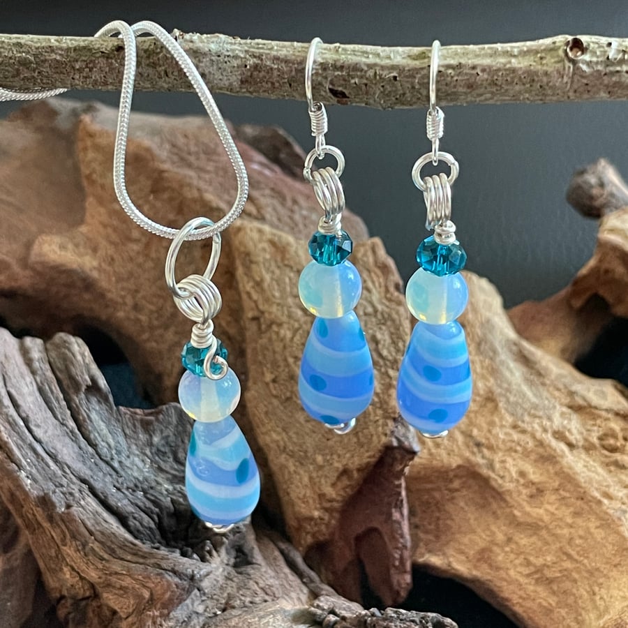 Opalite & Blue Bead  Pendant and Earrings Set