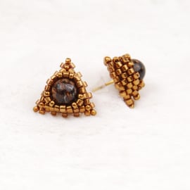 Bronzite gemstone earrings with bronze seed beads, Triangle beaded stud earrings
