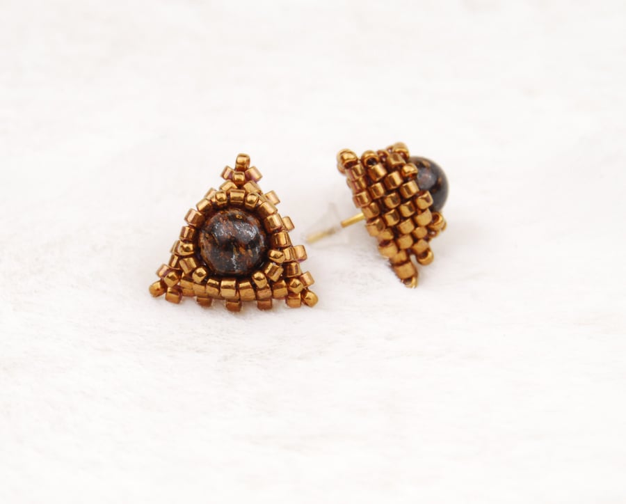 Bronzite gemstone earrings with bronze seed beads, Triangle beaded stud earrings