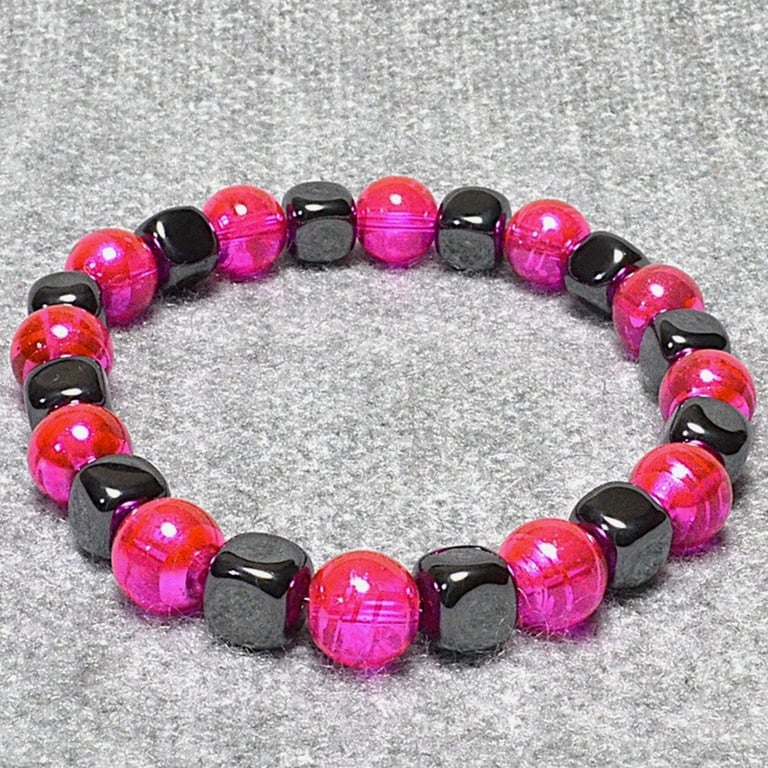 Bright Pink Chunky Glass Beads and Hematite Cube Elastic Bracelet