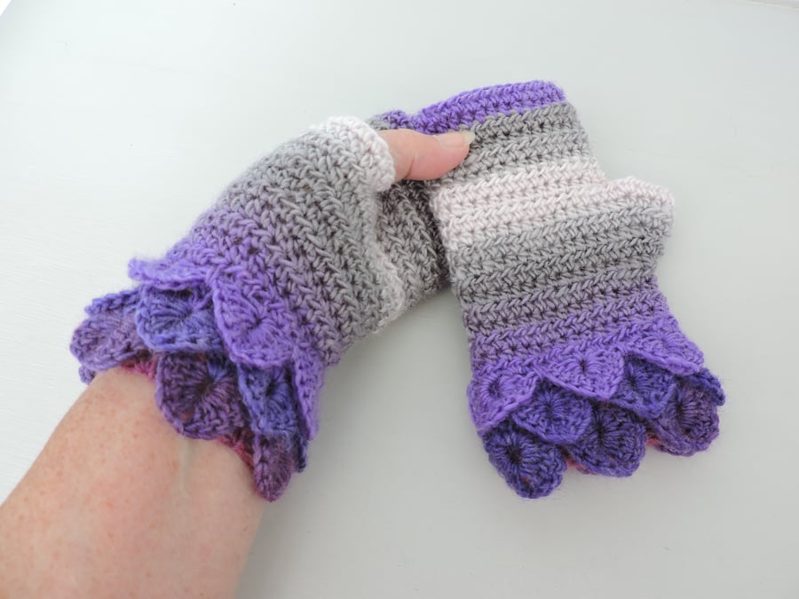 SALE Fingerless Mitts with Dragon Scale Cuffs Violet Lavender Grey and Pale Pink