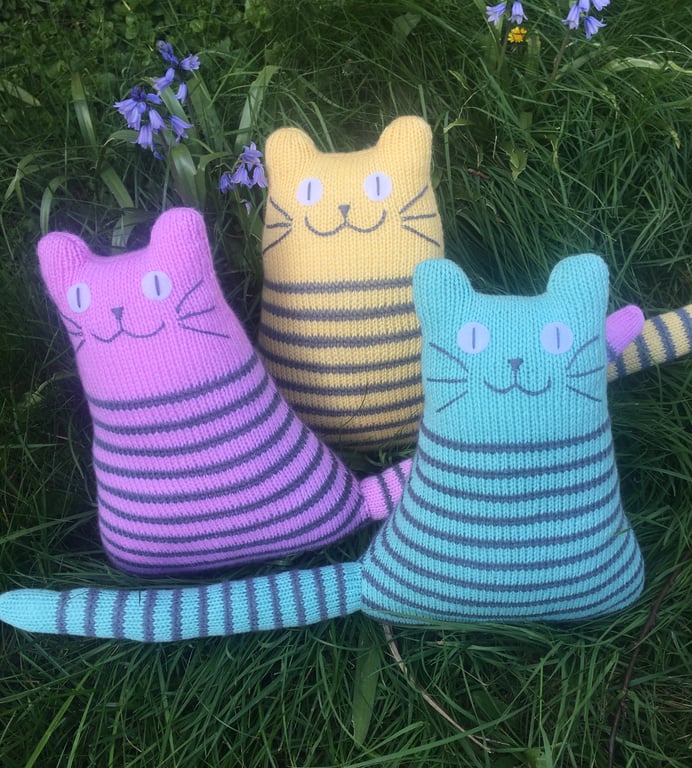 Pastel colours knitted cat dolls - pink, yellow  & green 