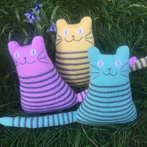 Pastel colours knitted cat dolls - pink, yellow  & green 