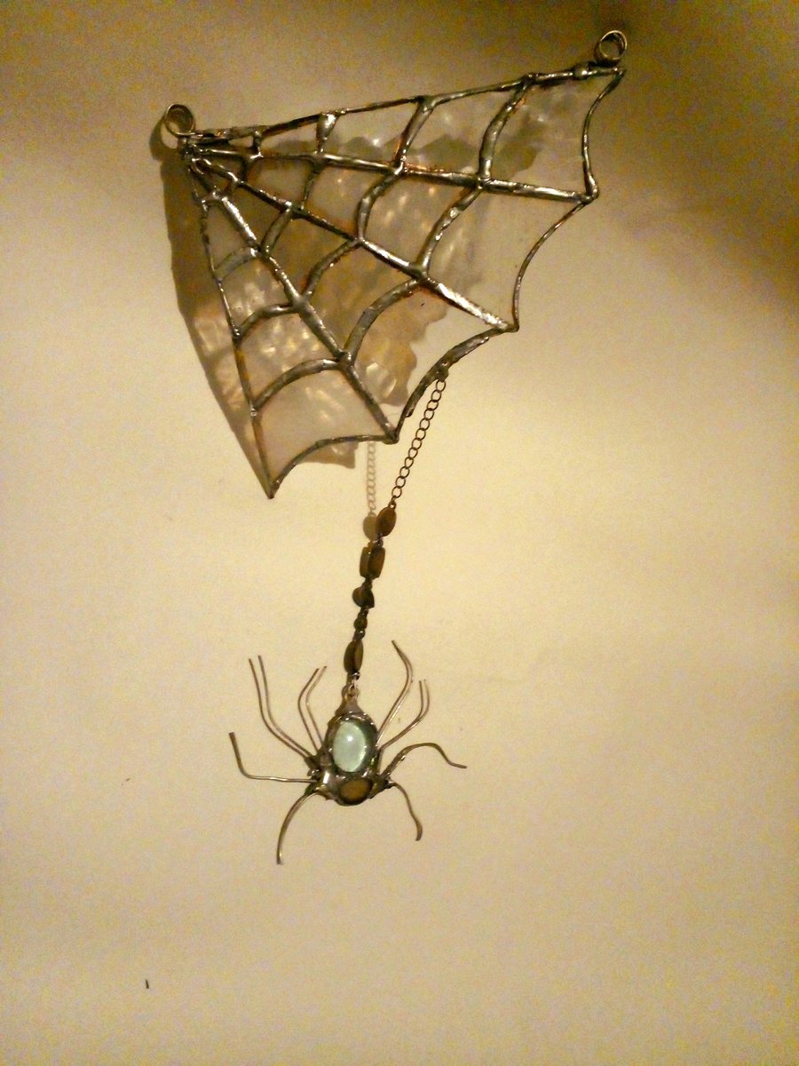 Stained glass corner cobweb with glass spider
