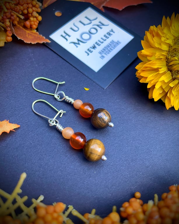 Sterling Silver dangle earrings with Tigers Eye, Red Agate and Peach Aventurine 