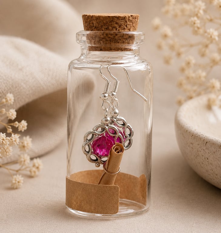 Message in a Bottle Hot Pink Crystal Earrings – Sterling Silver Hooks