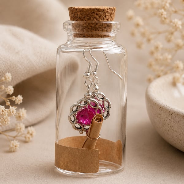 Message in a Bottle Hot Pink Crystal Earrings – Sterling Silver Hooks