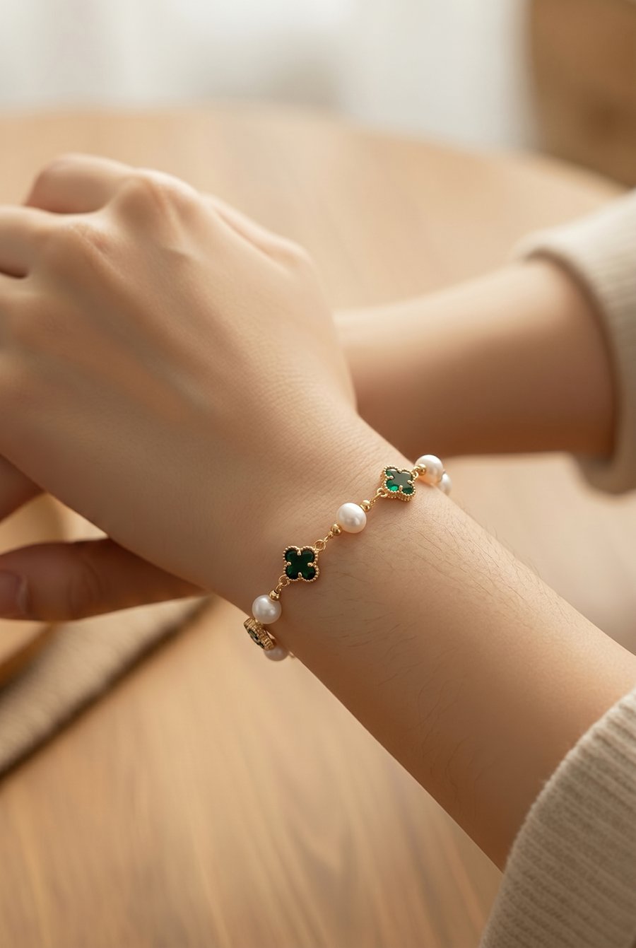 Four leaf Clover and Pearl Gold Plated Bracelet