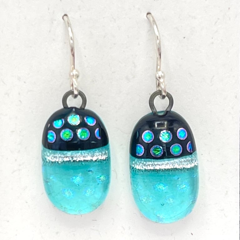Aqua Blue Spotty Fused Glass Drop Earrings