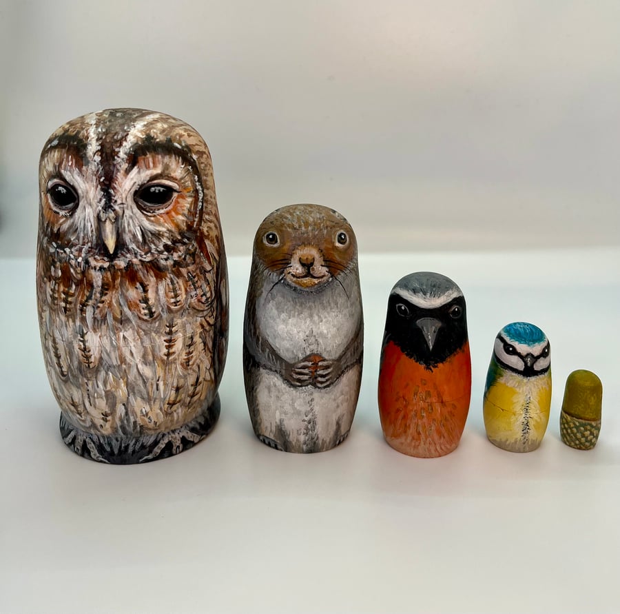 ‘Oak tree life’ mini nesting dolls with Tawny Owl.