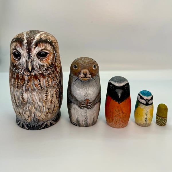 ‘Oak tree life’ mini nesting dolls with Tawny Owl.