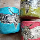 rustic mug,tea cup, linocut design deaths head moth, red blue or green