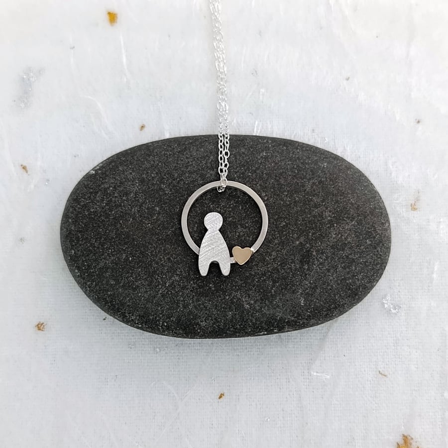 Recycled Sterling Silver Child & 14ct Filled Gold Heart Charm Pendant 