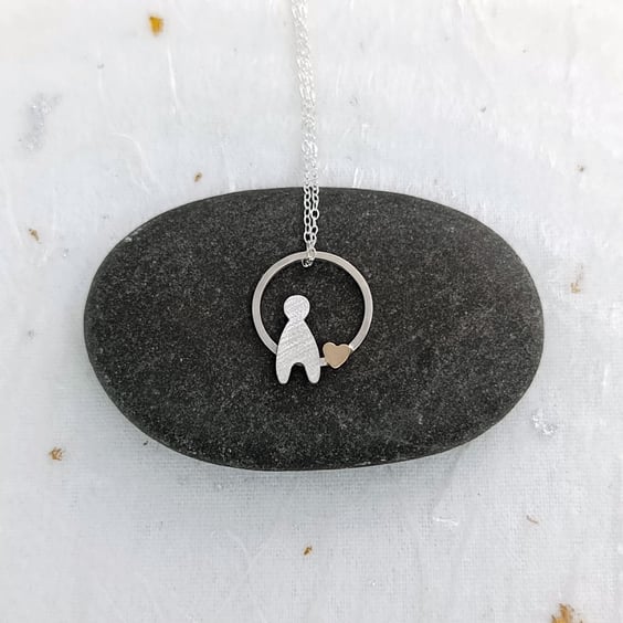 Recycled Sterling Silver Child & 14ct Filled Gold Heart Charm Pendant 