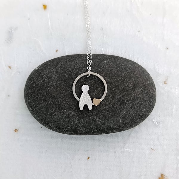 Recycled Sterling Silver Child & 14ct Filled Gold Heart Charm Pendant 
