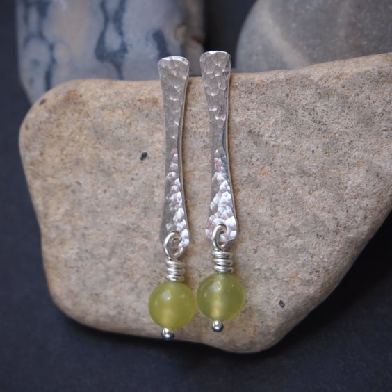 Silver stud drop earrings with lime jade, handmade silver jewellery