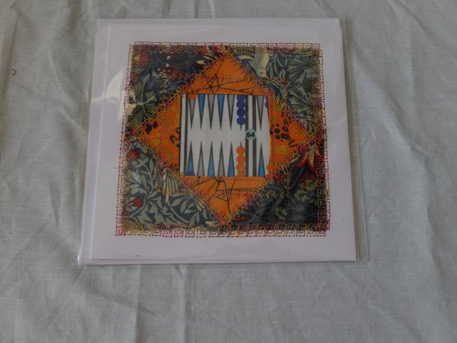 backgammon themed card, orange and blue, hand made