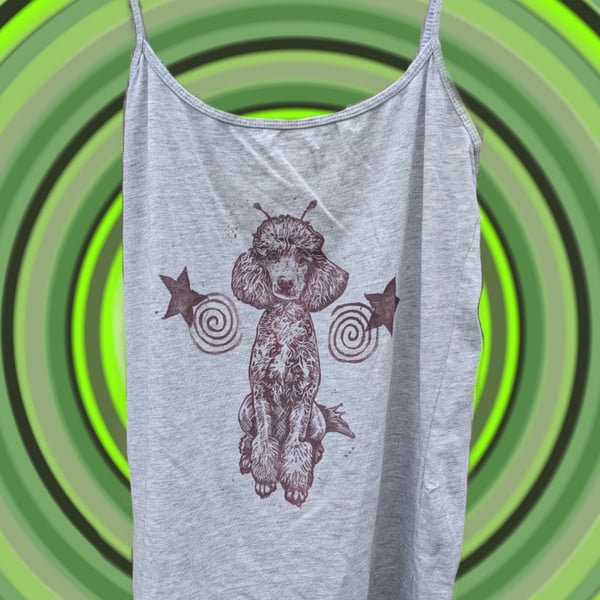 upcycled lino print unique alien poodle tank top sized medium