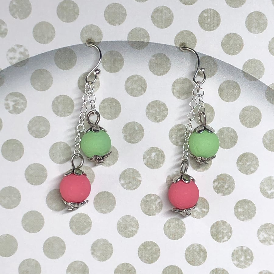 Pink and green lava stone earrings