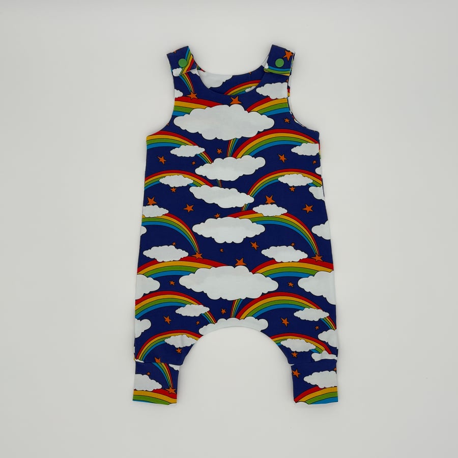 Rainbow print cotton jersey handmade baby dungarees