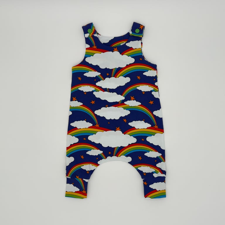 Rainbow print cotton jersey handmade baby dungarees