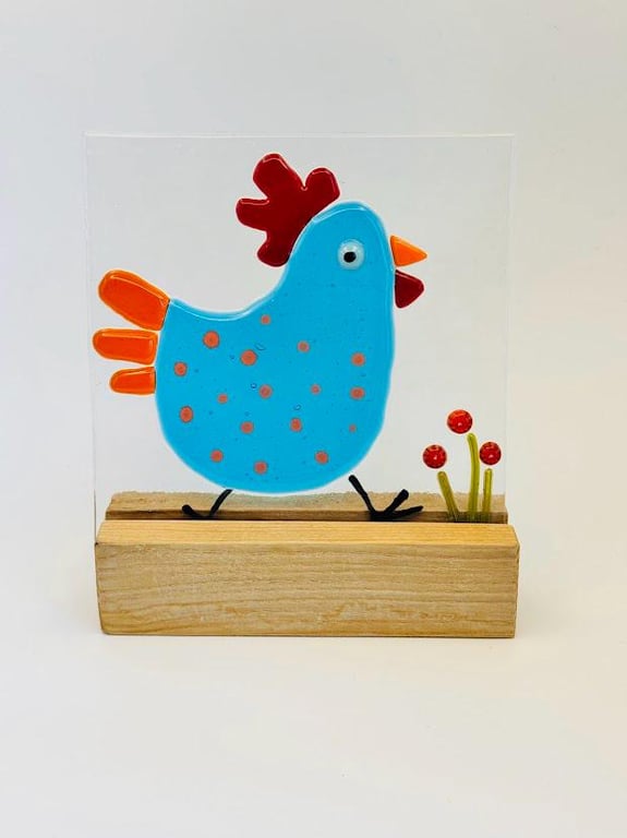 Funky Rooster Fused Glass Panel on Wooden Stand Whimsical Farmhouse Decor