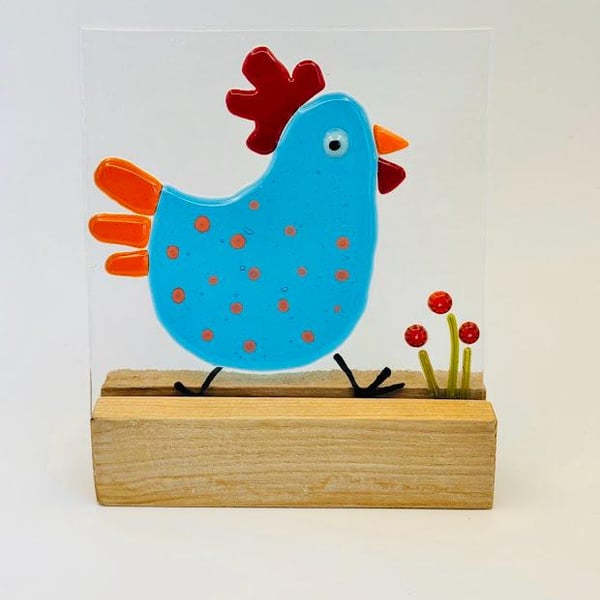 Funky Rooster Fused Glass Panel on Wooden Stand Whimsical Farmhouse Decor