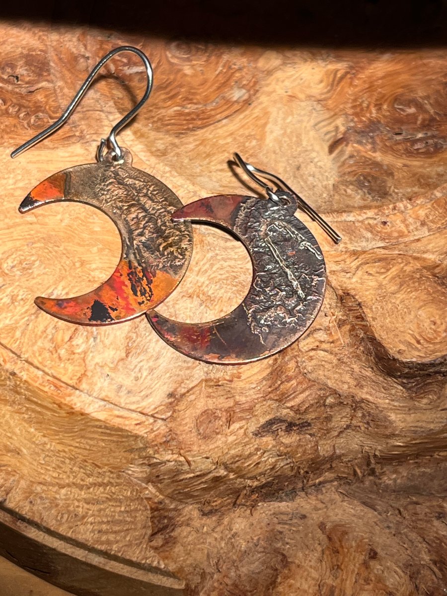 Tarot inspired flame-painted silver fused copper earrings moon face 