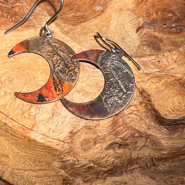 Tarot inspired flame-painted silver fused copper earrings moon face 