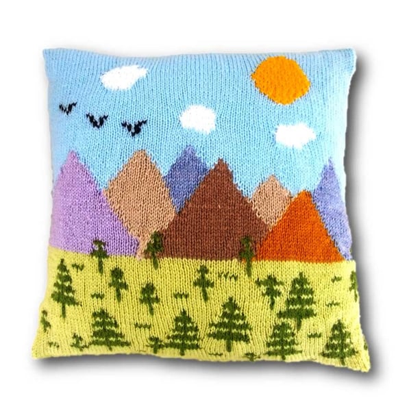 Knitting Pattern for Trees and Mountains Cushion.  Digital Pattern