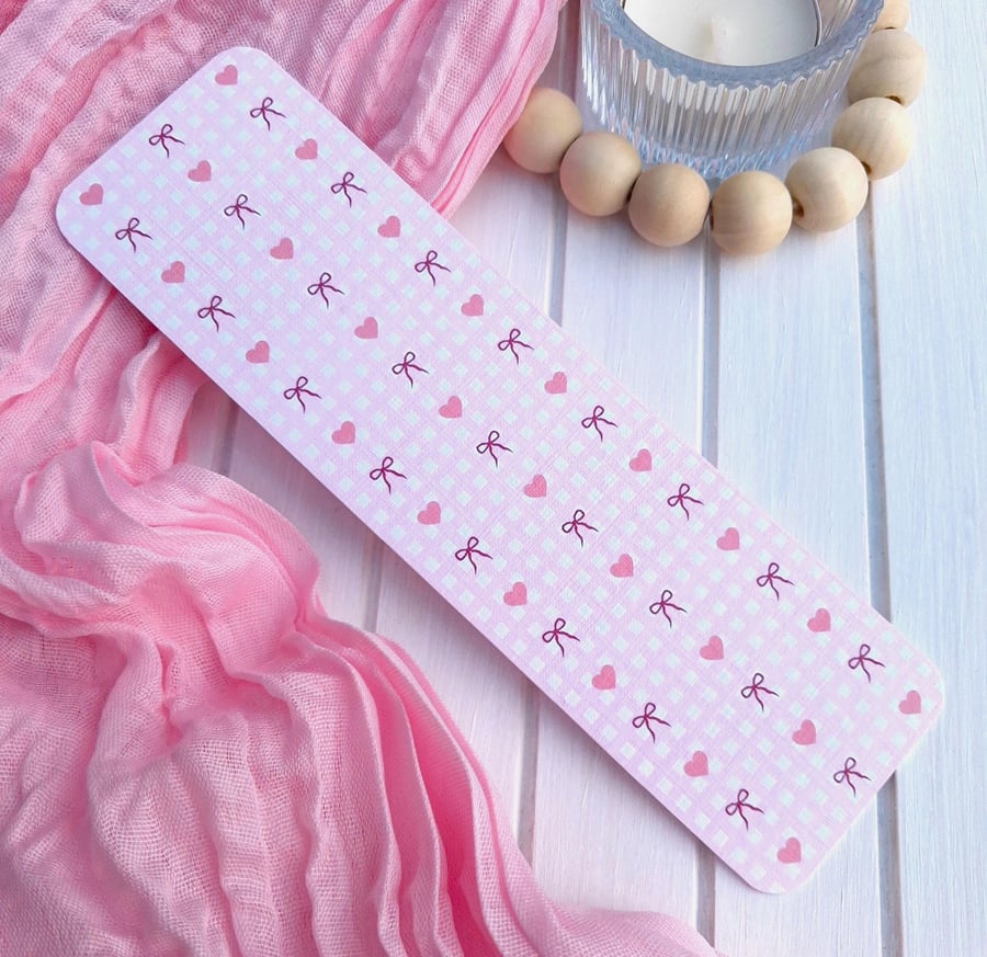 Pink Hearts & Bows Linen Bookmark, Bookish Gift, Book Lover Accessories