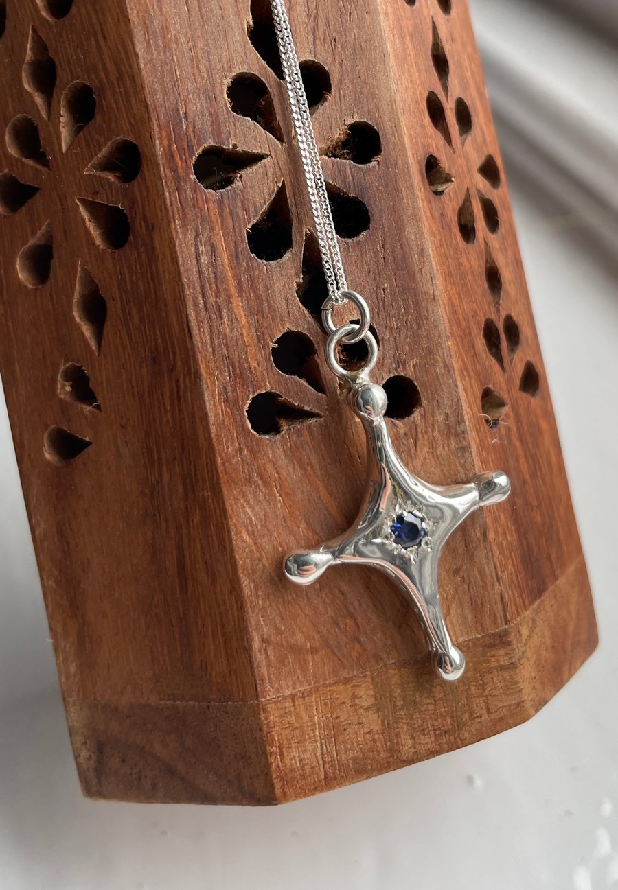 North Star inspired pendant Sterling silver with blue CZ Wax carved Handmade