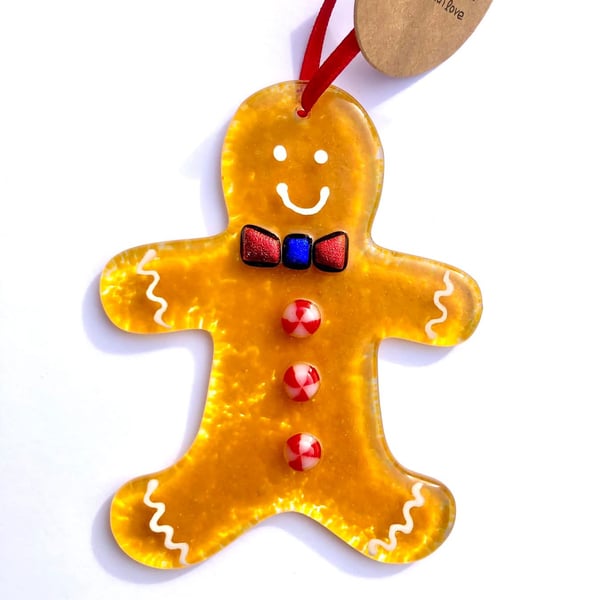 Fused glass gingerbread man person Christmas tree decoration 