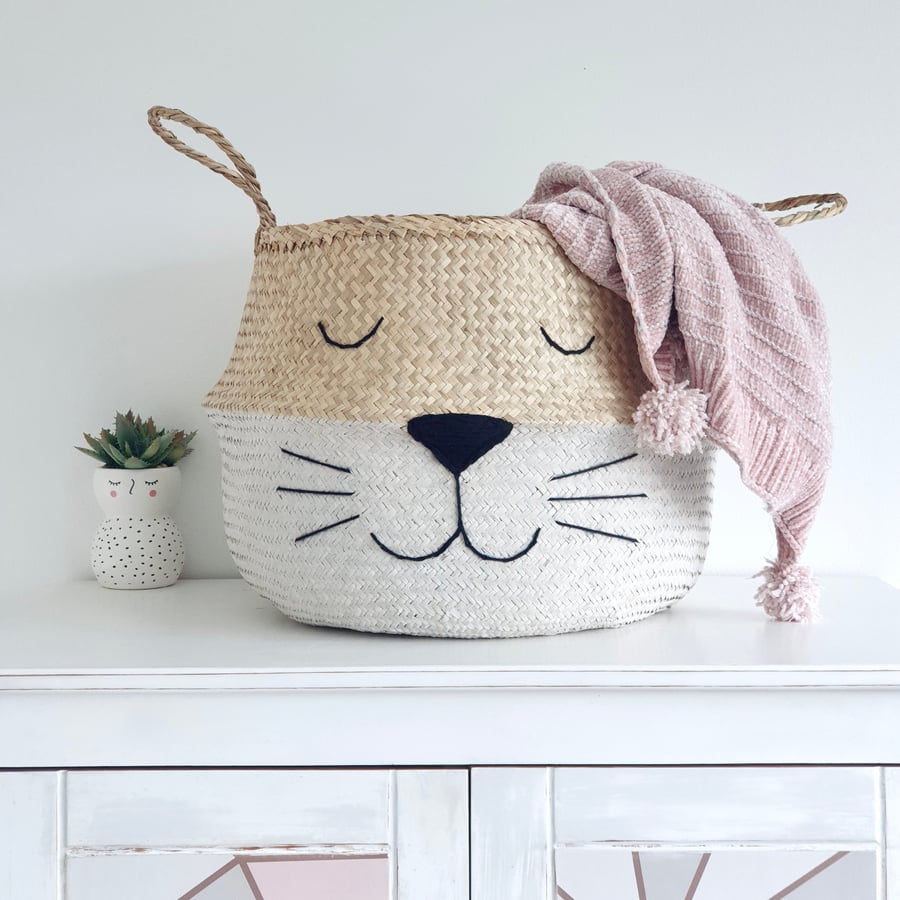 Extra Large white bottom cat belly basket, two tone storage basket
