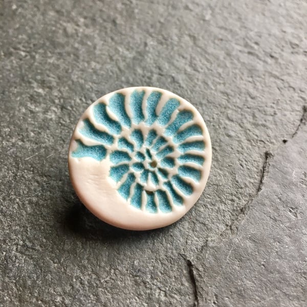 Porcelain brooch ammonite aquamarine white The Porcelain Menagerie