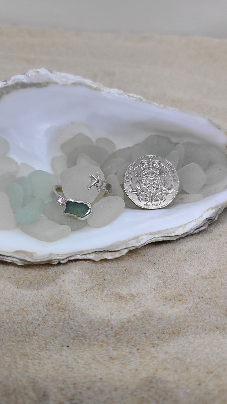 Light jade green sea glass and starfish ring TL8