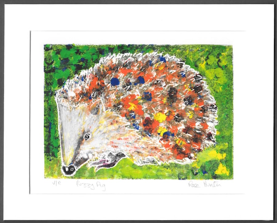 SALE fuzzy pig - hedgehog, hand painted lino print 004