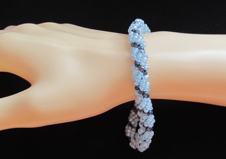 Slimline Rope Bracelet of Swiss Blue, Silver Lined & Hematite Seed Beads 