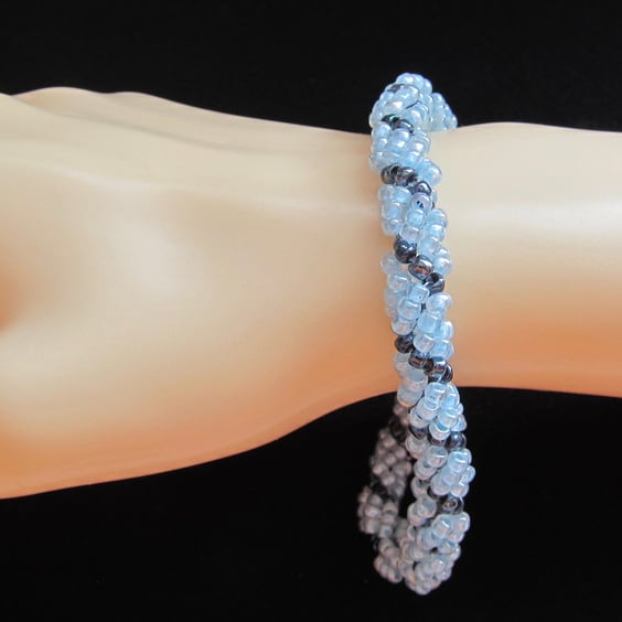 Slimline Rope Bracelet of Swiss Blue, Silver Lined & Hematite Seed Beads 