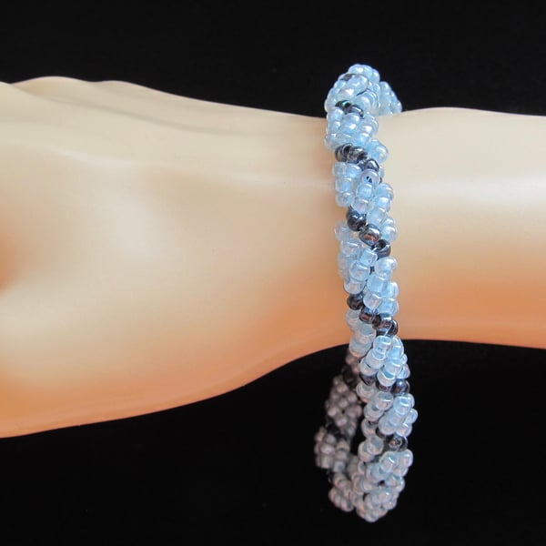 Slimline Rope Bracelet of Swiss Blue, Silver Lined & Hematite Seed Beads 