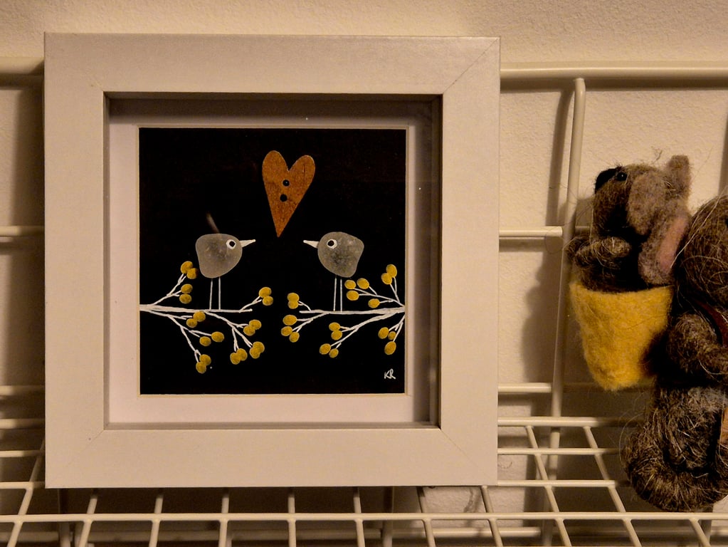 Lovely little handmade love birds in white frame, seaham sea glass with heart 